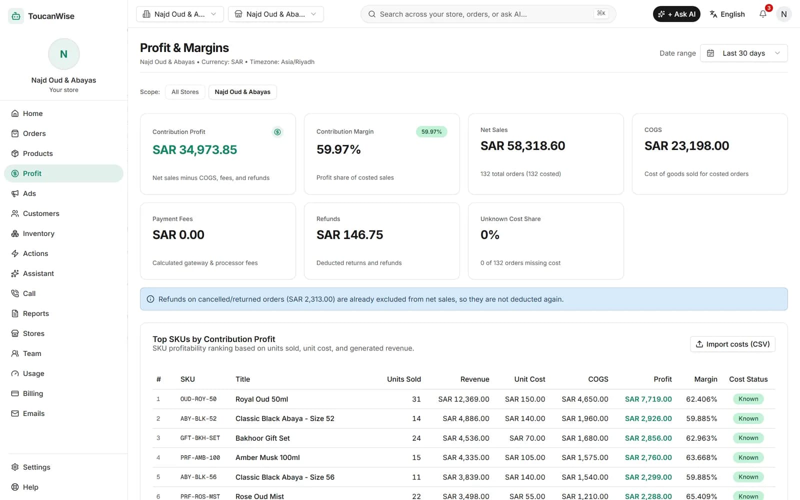 Profit page showing profit and margin per product after costs