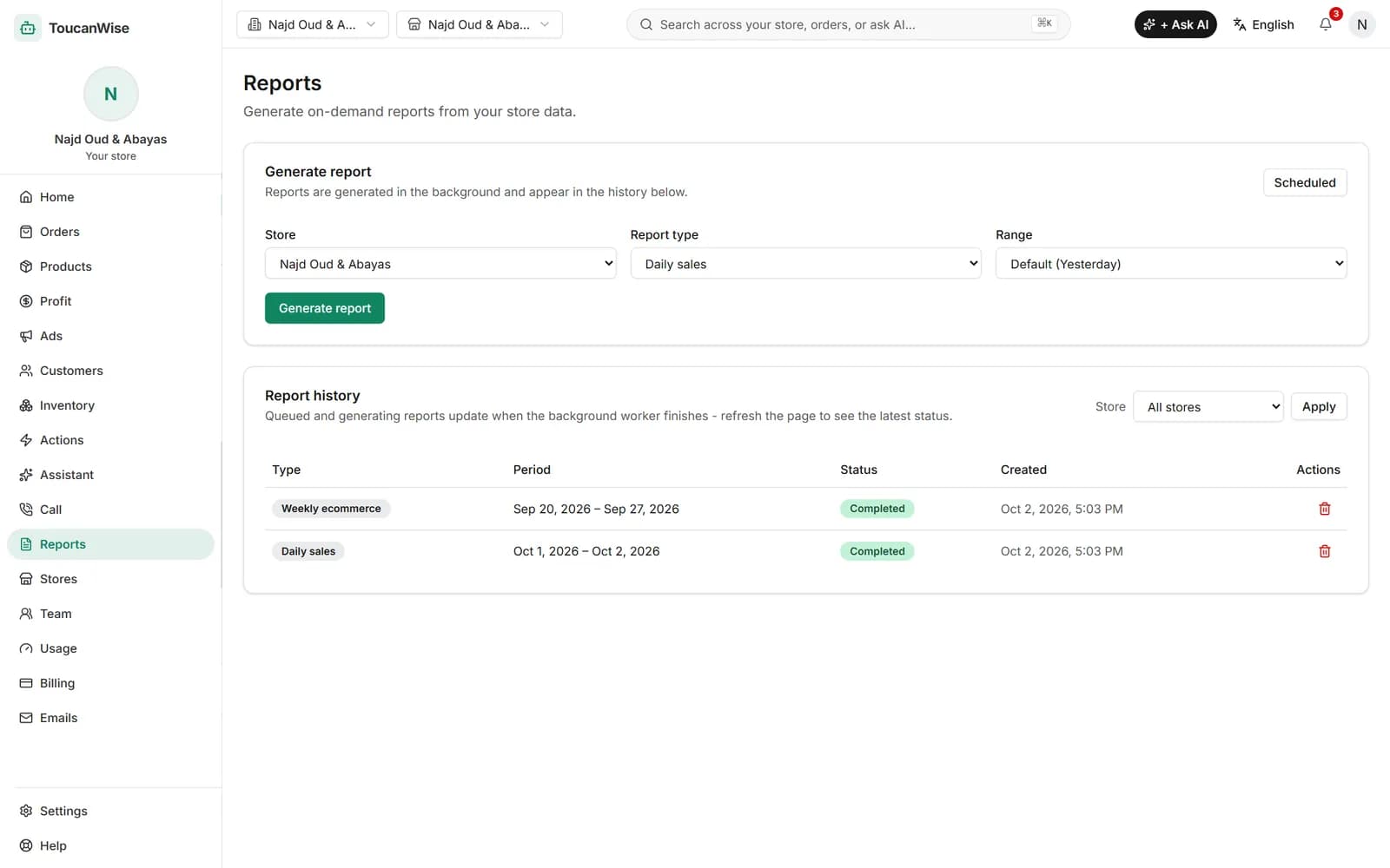 Reports page listing the available report types