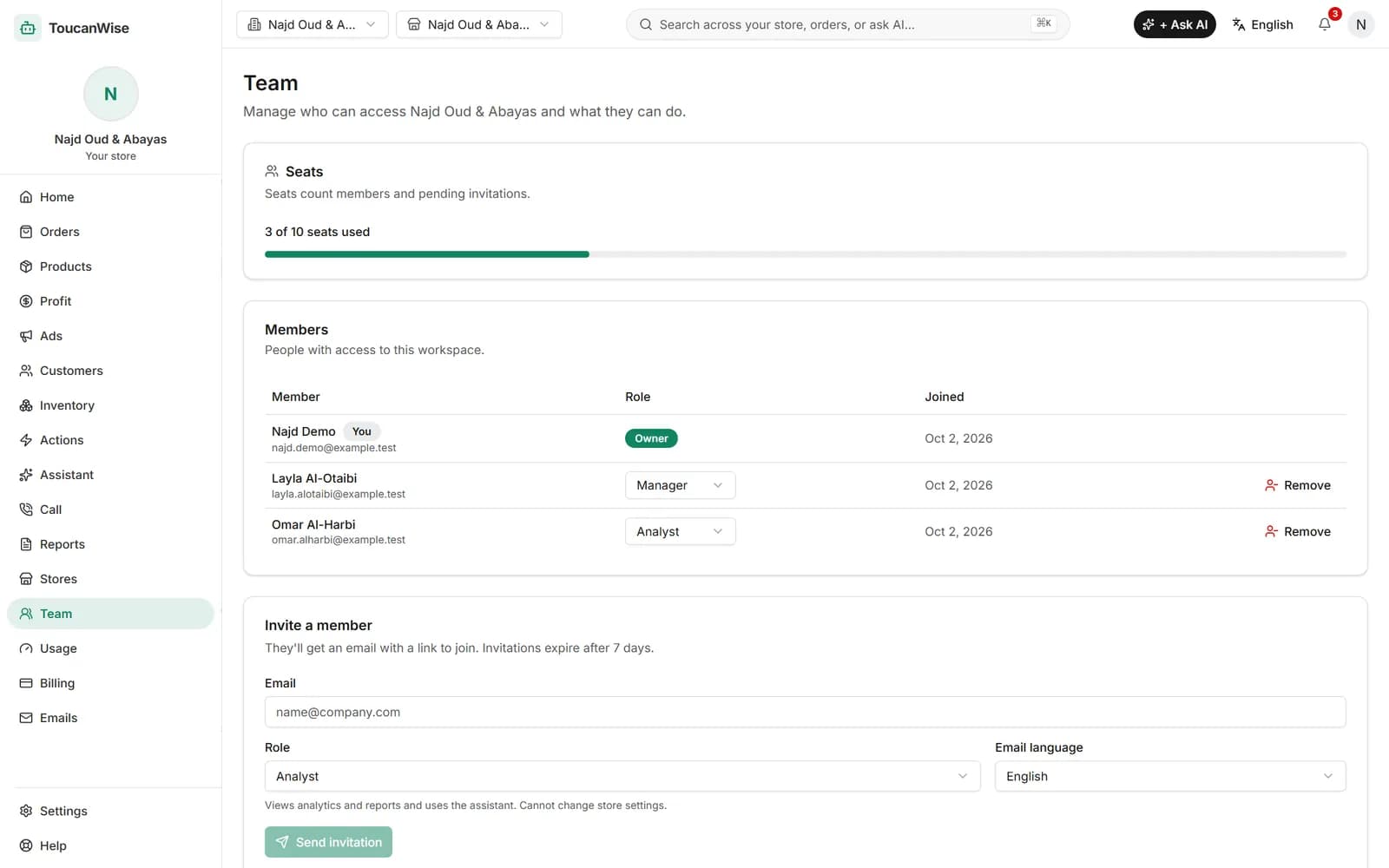 Workspace page for an agency, listing several team seats with their roles and the client stores